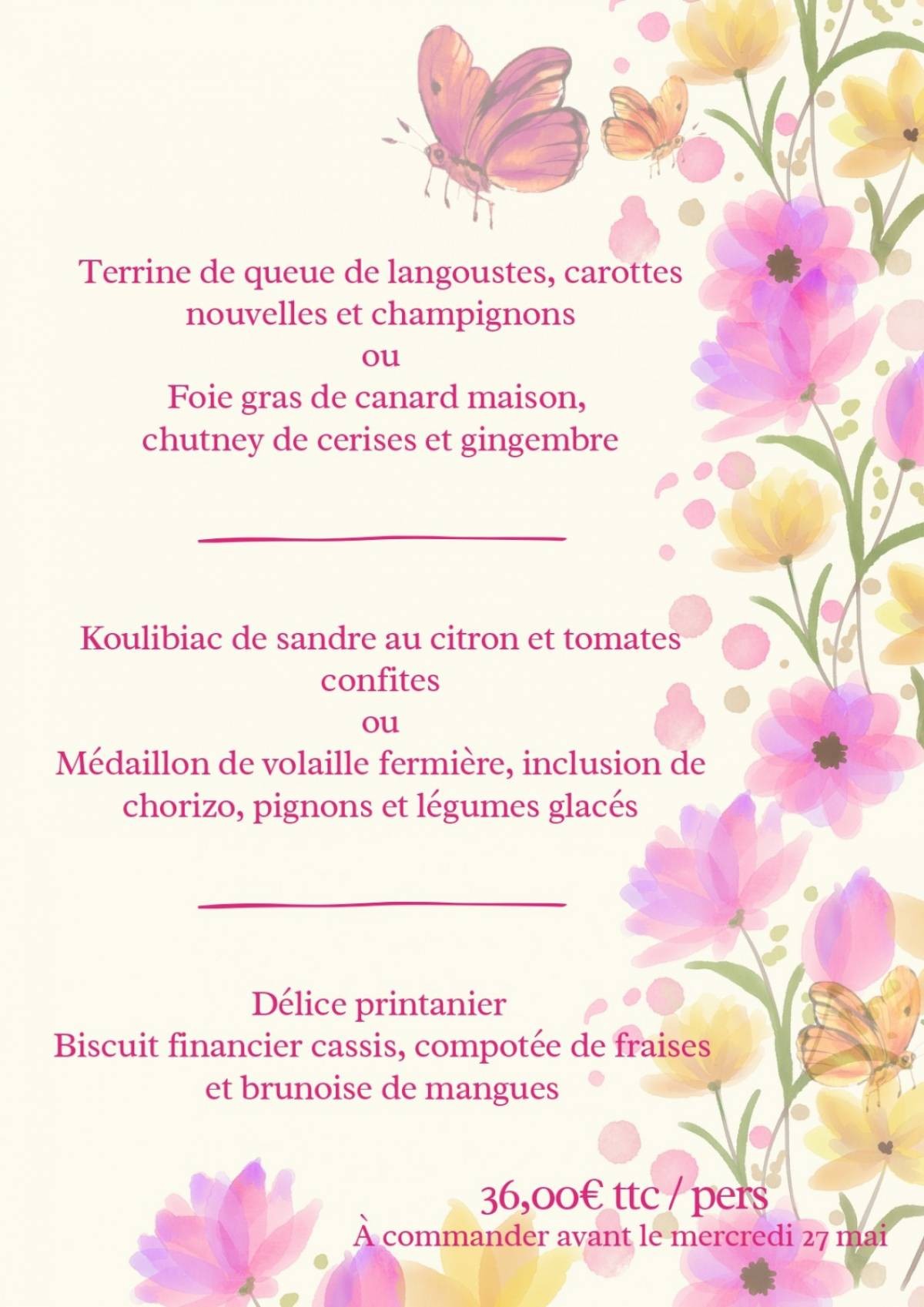 Notre MENU pour LA FETE DES MAMANS est disponible